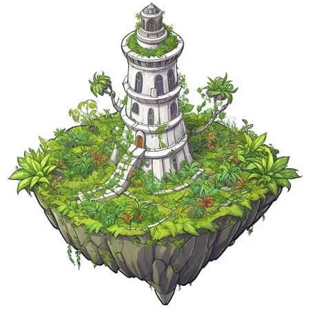 matchcraft floating island, game asset, 2d, digital painting, outline style, comic book style, fine lines, best quality, image posterization, simple details, clear white background, fantasy floating island, usual biome, plants, tower on island, abandoned
