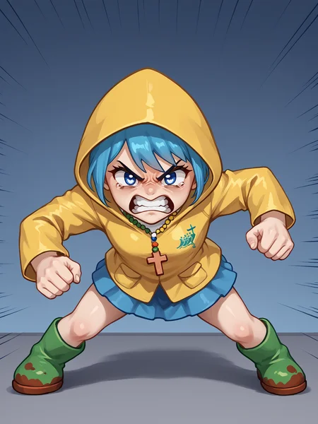 <lora:Luce (Jubilee 2025) PDXL:0.85> luce, disgusted, angry, fighting stance, aggressive