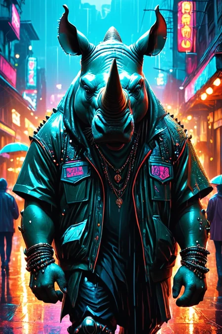 Detailed digital illustration of an anthro Rhinoceros (Whispering a secret, creating intrigue) at a Rain-soaked streets with glowing cyber signs, <lora:xl_more_art-full_v1:0.5>, <lora:anthro_muscular:0.7>, <lora:MJ52:0.6>, <lora:madpunk:0.4> madpunk