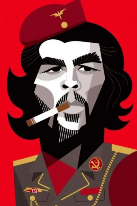 The image is a stylized, modern digital drawing in a pop art style, featuring a man, Che Guevara, wearing a military uniform, a beret, and smoking a cigar. The background is a solid, deep red color, creating a striking contrast with the figure. The man has a stylized, exaggerated appearance with prominent, angular features. He has a prominent nose and mouth, His hair is depicted as a stylized, angular shape with a dark, pointed beard and mustache. <lora:palo1_cap_d6a3e12:1.0><lora:821347912220131513:0>