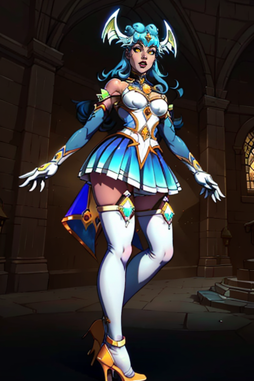 masterpiece,best quality,extreme detail,8k,image sharpness,<lora:lilith-10:0.8>, lilith2,1girl,solo,long hair,breasts,bangs,skirt,thighhighs,gloves,dress,bare shoulders,medium breasts,blue hair,full body,yellow eyes,elbow gloves,indoors,white gloves,high heels,white thighhighs,zettai ryouiki,star guardian (league of legends),