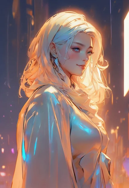 (Highest quality:1.2, masterpiece:1.2, ultra-detailed, vibrant neon accents, cinematic light, rich color balance, refined aesthetics), (portrait), (lean build:1.4, youthful cheeky woman with a quiet smile), (expressive glowing orange eyes, soft gaze, dewy lips, elegant features), (deep blue skin with luminous undertones, light blush), (flowing worn gown blending antique and futuristic textures, glowing orange threadwork), (headscarf draped loosely, shimmering with subtle light), (wavy shoulder-length teal hair peeking beneath, curtain bangs), seated calmly in a quiet stone courtyard lit by neon reflections and golden hour light.
Floating pollen-like light particles surround her, glowing gently in the warm lens flares. Her posture is relaxed, holding a vintage-style phone mid-selfie, her grin caught between mischief and warmth. The atmosphere is dreamy and quietly surreal—old and new meeting in soft color and mood. Inspired by Artgerm, tinged with cyber-fantasy, and filled with tender nostalgia.