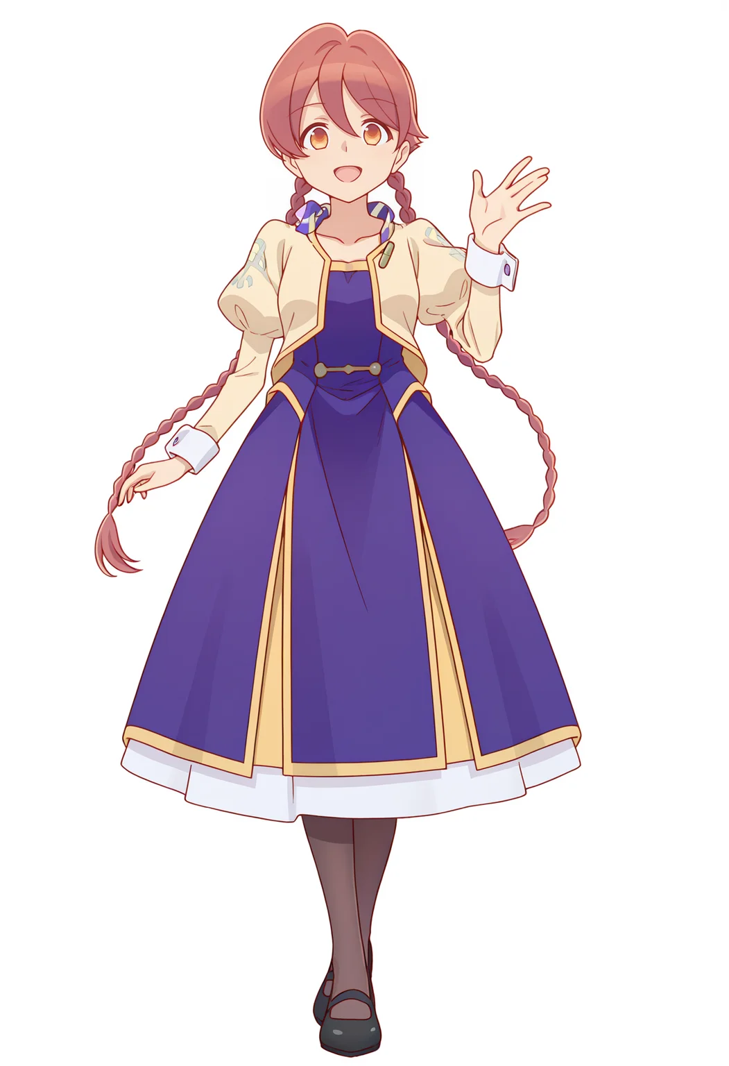 <lora:Yachiyo_illustrious-000028:1>,
Yachiyo,solo,braid,twin braids,white background,full body,pantyhose,dress,smile,simple background,open mouth,looking at viewer,long sleeves,black footwear,puffy sleeves,shoes,standing,juliet sleeves,blue dress,:d,jacket,purple dress,mary janes,hand up,very long hair