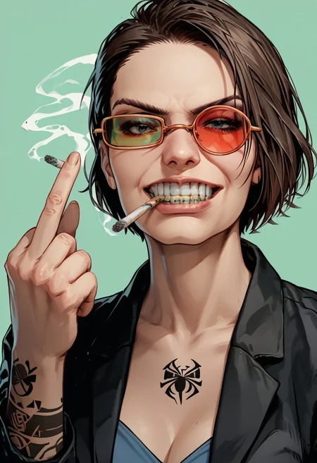 score_9, score_8_up, score_7_up, score_6_up, score_5_up, score_4_up, abstract background, upper body, portrait BREAK
<lora:SJGlasses_d8-000010:0.9> sjglasses, human, female, jill valentine, medium breasts tatoo, looking at viewer, grin, black jacket, open jacket, smoking, cigarette, smoke, abs, middle finger, clenched teeth, sm0k3, cigarette, cigarette between clenced teeth