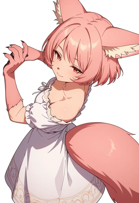 Smooth Quality,masterpiece,very intricate, high quality details, ultra realistic, high detailed skin,detailed enviorement,absurdres,
simple background, white background, dancing, solo,from above,
<lora:Til_CNR:0.8> til_cnr, 1girl,pink hair, short hair, bangs, red eyes, animal ears, fox ears, animal ear fluff, fox tail, furry female, animal hands, claws,, seductive smile,, \(^o^)/,, peplum top, ,off-shoulder blouse, ,panel skirt, ,