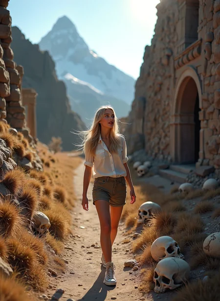 This photograph captures a young woman walking on a dirt path in an ancient ruin. She is wearing a white blouse, green shorts, and white sneakers. Her blonde hair is blowing in the wind, and she is looking off into the distance. The ruins are made of stone and are scattered around her. In the background, there is a mountain range with snow-capped peaks. The sky is blue, and the overall mood of the image is peaceful and serene. The overall mood of the image is dreamy and ethereal. <lora:add-detail-xl:.5> <lora:Flux-style-xl-lora:.5>