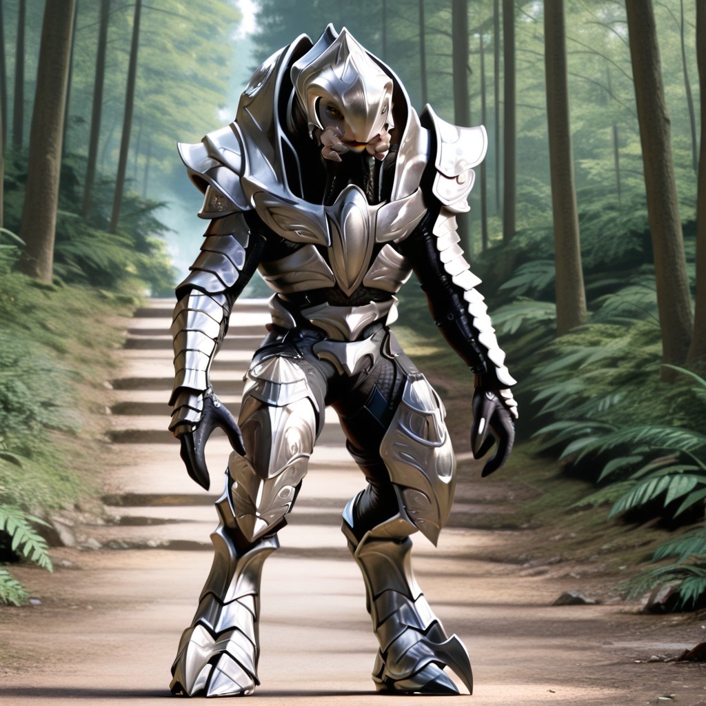 masterpiece, best quality, amazing quality, ArbiterH2IL, anthro, male, sangheili, grey skin, yellow sclera, slit pupils, mandibles, forest, standing, black bodysuit, silver breastplate, silver pauldrons, silver gauntlets, silver greaves, silver helm, full body, solo, realistic, yellow eyes, <lora:4b115bad-c3e0-4bac-bcaf-1403efef1195:1.0>