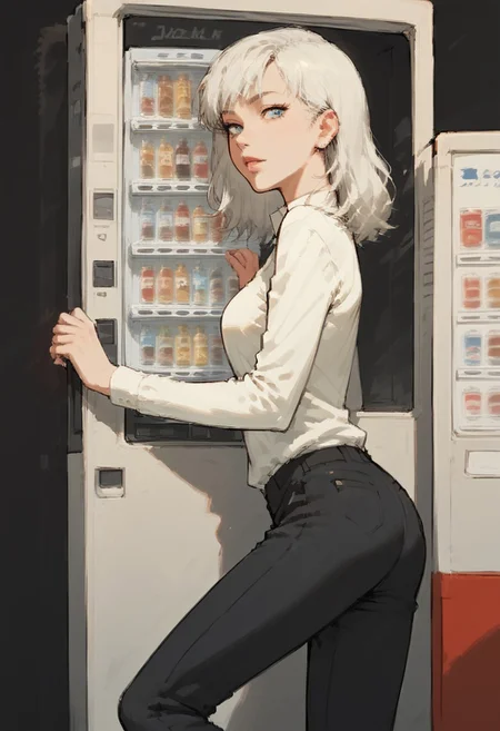 <lora:jihankiKickPony:0.7> jihanki kick, jihanki, vending machine, motion blur, 1girl, high quality, detailed eyes, anime, score_9,score_8_up,score_7_up, source_anime, anime,white hair,blue eyes,leg up,pants,back angle,
BREAK,
pencil drawing, charcoal sketch, black-and-white, detailed, expressive, high-contrast shading, textured strokes, soft gradients, close-up portrait, smudged charcoal shadows, delicate crosshatching, rough edges, focused composition, dramatic lighting, alternative aesthetic, minimalist background, hand-drawn textures, traditional sketch style, artistic mood, professional rendering, paper texture