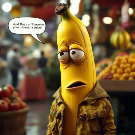 Hyperrealism, hyper realistic, 3D, blender style, a homeless banana begging and saying in a speech bubble:"send Buzz or I'll become banana juice". big realistic eyes, begging expression, baggy eyes, reddish eyes, tear up, extremely expressive, open angle, front to viewer, at market fruit store,