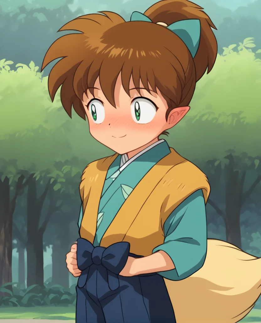 Uncensored, score_9, score_8_up, score_7_up, source_anime, highly detailed, 5 fingers, (masterpiece), best quality, expressive eyes, perfect face, screenshot,  anime footage, official design, anime screnshot,  young, 1boy, solo, fox tail, fox feet, turquoise bow, turquoise happi shirt, fur vest, blue hakama pants, green eyes, brown hair, japanese clothes, pointy ears, tail, ponytail, embarassed, blushing, looking away, timid smile, feeling guilty, close focus, outside,  <lora:Kohaku_Inuyasha:1>, <lora:Shippo_Inuyasha:1>