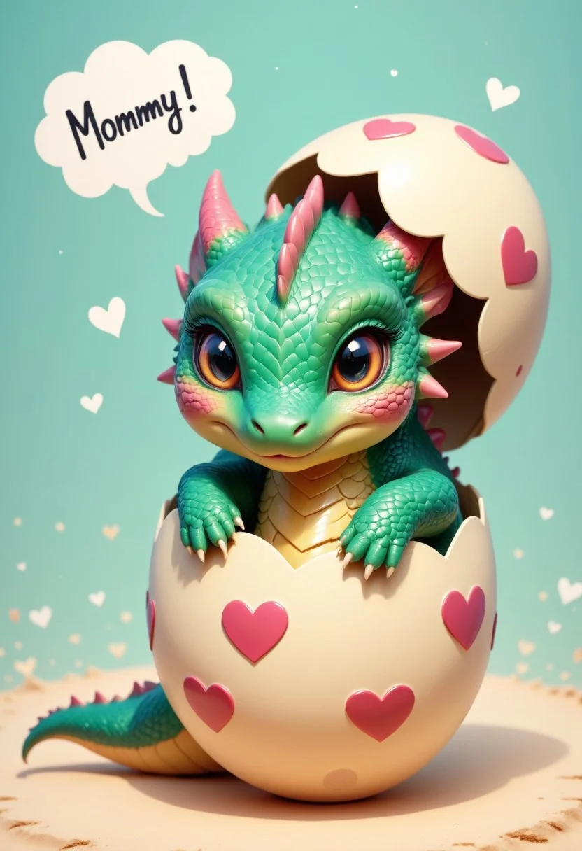The picture captures the moment when a chibi dragon hatches from an egg, the head looks out of the top of the egg, the shell is on his head, the dragon looks super cute at the viewer, above him is a speech bubble with the inscription "Mommy ", cuteness overload, its scales have rainbow colors, the dragon rests its head sweetly on its paws, painted hearts