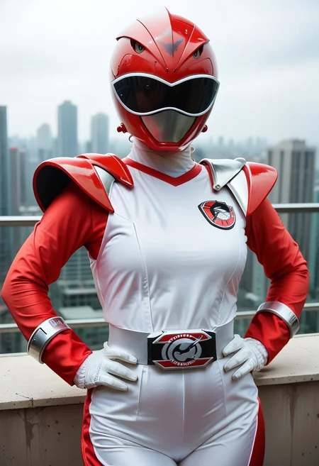 score_9, score_8_up, score_7_up, score_6_up, 1girl, red dinosaur themed ssentai helmet, black visor, red ssentai bodysuit, medium breasts, white gloves, hand on hip, white ssentai belt, portrait, ssentai shoulder armor, on rooftop, Style-DoF, hands