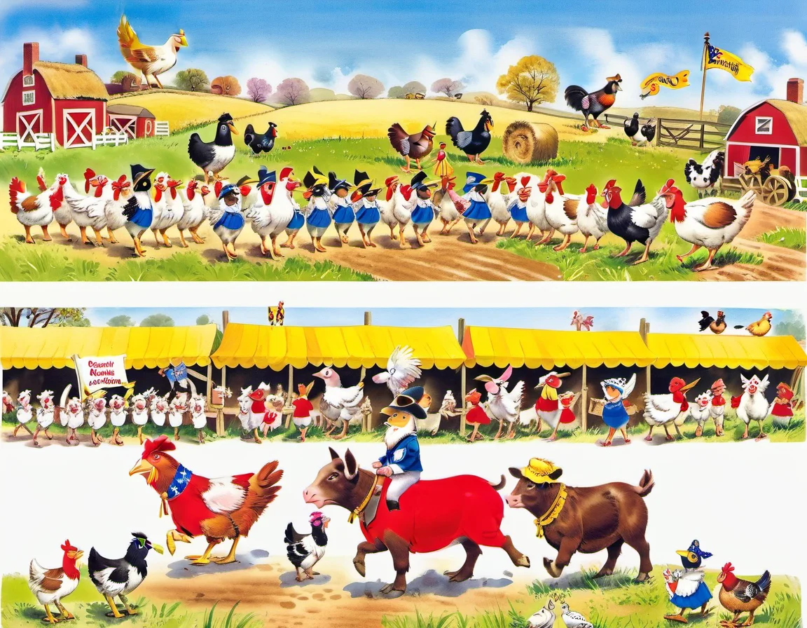 A Farmyard Parade, Chickens in Parade Gear, Sheep Parade Marshals, Pig Marching Band, Cow Flag Bearers, Duck Parade Grand Marshal, Goat Cheerleaders, Horse Parade Floats, Farm Animal Pageantry, Oink-tastic Celebration, Feathered Festivity detailed, sub surface scattering, sharp focus <lora:OldillXL_0.4_RC:0.7>