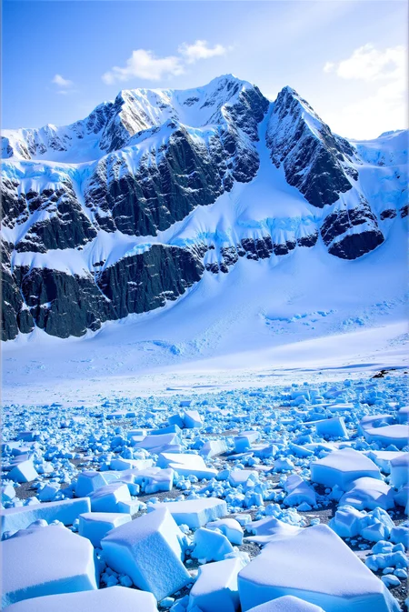 <lora:Ice_Desert_style:0.8> IceDesert style.
Towering alpine summits rise behind a shattered plain of deep blue ice, their faces split with stark vertical cliffs and contoured in smooth waves of snow that cling like sculpted velvet. At the base, a chaotic field of serrated glacial fragments sprawls outward, each block catching blue shadows and pale sunlight in irregular, jewel-like reflection. Mid-slope, dramatic dark rock faces emerge from the snowpack, contrasting the purity of the snow with their obsidian-black, weather-battered edges. Captured in hyperrealistic clarity with a compressed lens and frontal angle, the image amplifies texture contrast—glass-slick glacial edges, soft powder ridges, and fractured crystalline geometry—rendering a glacial cathedral suspended in silence. The ambient light bathes the upper peaks in subtle ultramarine and slate hues, while the fractured ice field below shimmers with electric cyan, creating a visual rhythm of jagged light and brooding weight across the entire cold expanse.