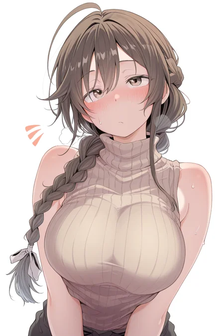 masterpiece, best quality, amazing quality,
 <lora:Eito_IL:1> eito, 1girl, braid, solo, brown hair, ahoge, sleeveless, breasts, blush, white background, sweater, long hair, simple background, looking at viewer, long braid, brown eyes, sleeveless turtleneck, large breasts