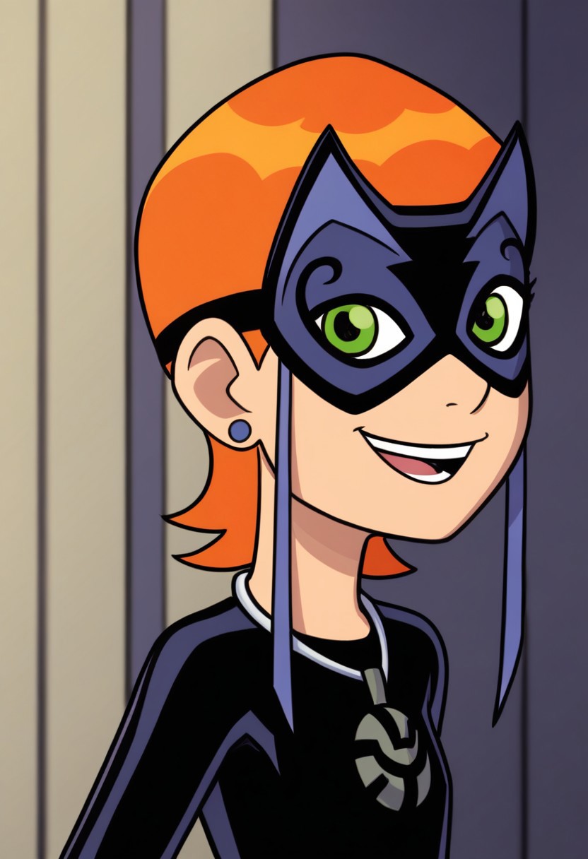ss_luckygirl, 1girl, mask, solo, green eyes, orange hair, gloves, jewelry, bodysuit, smile, earrings, open mouth, domino mask, flat chest,short hair,upper body,smile,looking at viewer,standing,closed mouth