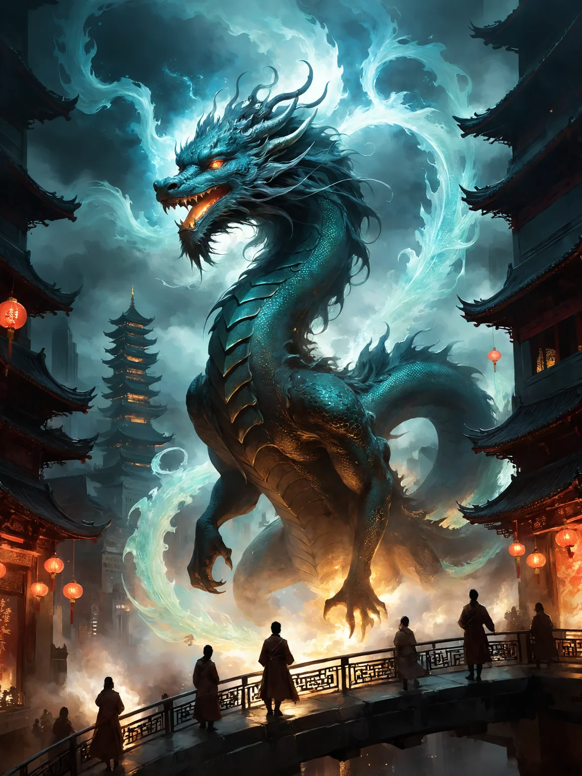 <lora:add-detail-xl:2.4> <lora:xl_more_art-full-xl:0.6> <lora:lyco-style-envydramaticlightingxl01_digital_art-xl:0.3> <lora:eastern_dragon-xl-by_hevok:1.0> <lora:rmsdxl_enhance-xl-by_rmada:2.0> <lora:rmsdxl_creative-xl-by_rmada:1.0> movie poster style, traditional ghostly chinese dragon, famous artwork by (andre kohn:1.2) and (michael kormarck:1.2), a colossal majestic eastern dragon with (ghostly glowing eyes:1.2) and a wavy glowing mane in a futuristic asian city at night, its body is covered with iridescent and (magically glowing scales arranged in mesmerizing fractal patterns:1.2), towering skyscrapers darken the sky, illuminated clouds, silhouettes of people watching the spectacle, (hazy, cloudy, foggy, ghostly, eerie, ethereal, magical:1.1), (dark corners:1.2), ultra detailed