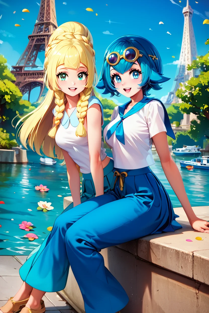 score_9, score_8_up, score_8, medium breasts, (curvy), cute, eyelashes, ,,, , LllLn, 2girls, zzLana, yellow hairpiece, blue hair, white shirt, sleeveless shirt, sailor collar, blue pants, baggy pants, zzlillie, long hair, French braid, white shirt, short sleeves, white skirt, pleated skirt, ,<lora:LillieLanaPDXL:0.8>, ,,,, BREAK, zzEiffelTower in background, sitting, watercraft, boat, sitting on wall, side view, looking at viewer, smile, ,,, BREAK, blooming stars, luminescent petals, otherworldly fragrance blurry background, ,,, embedding:zPDXL, Expressiveh, ,,, <lora:EiffelTowerPDXL:1.0>, <lora:CatalystStylePDXL:0.6>, <lora:SDXLFaeTastic2400:0.5>, <lora:Expressive_H-000001:0.4>,
