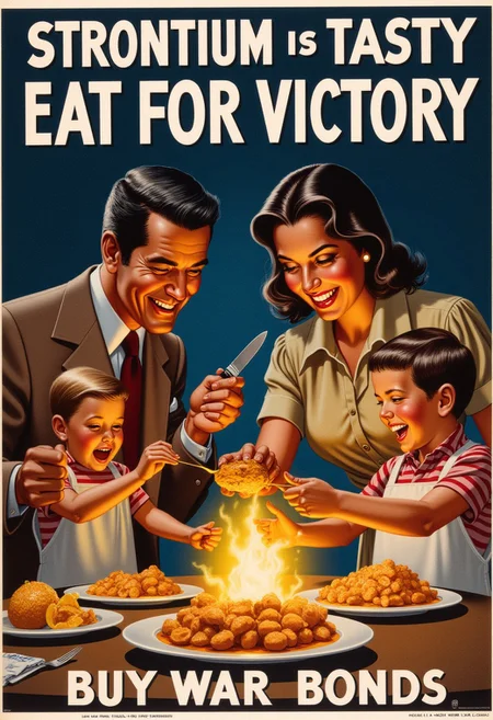 In REME's War Poster Style. a family mealtime. smiling father is cutting a glowing rock. happy mother is handing the excited happy children their glowing food. title reads "STRONTIUM IS TASTY" and "EAT FOR VICTORY", subtitle reads "BUY WAR BONDS". high detail.