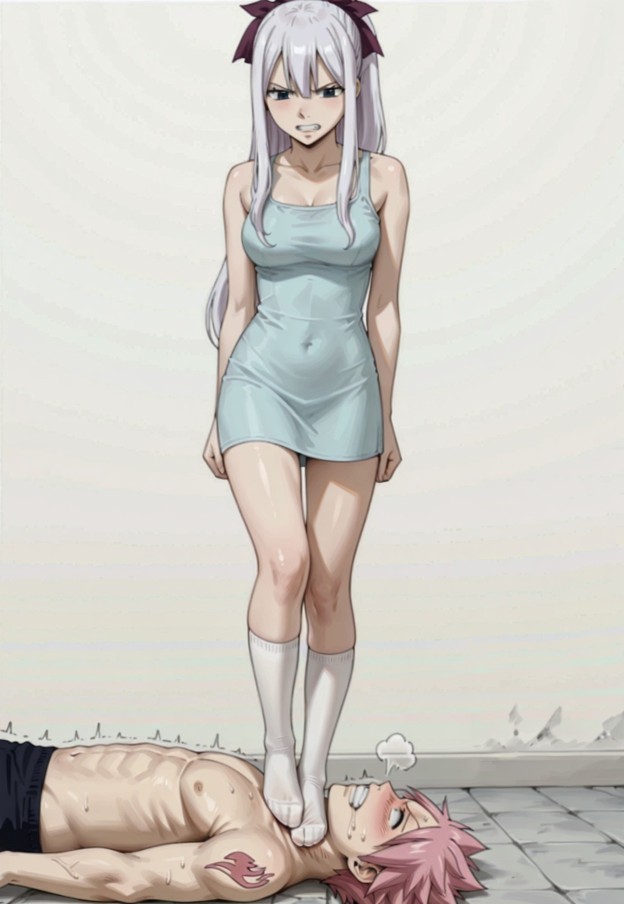 ThTrFe, standing on neck, crushes neck, standing one leg, leg lifted, trampling, femdom, hetero, neck stomp, forced, squeezes neck with foot, crushed neck, flattened throat, angry, abuse, plain background, solid background,

1girl, MiraFTG, long hair, half ponytail, bangs, SIDELOCK, hair between eyes, white hair, purple hair ribbon, blue EYES, medium breast, socks, skindentation, dominant female, skinny, 

1boy, slave boy, Natsu Dragneel \ Fairy Tail, boy clenched his teeth in pain, boy with long neck, 

absurdres, masterpiece, best quality, very aesthetic, 748cmstyle, 