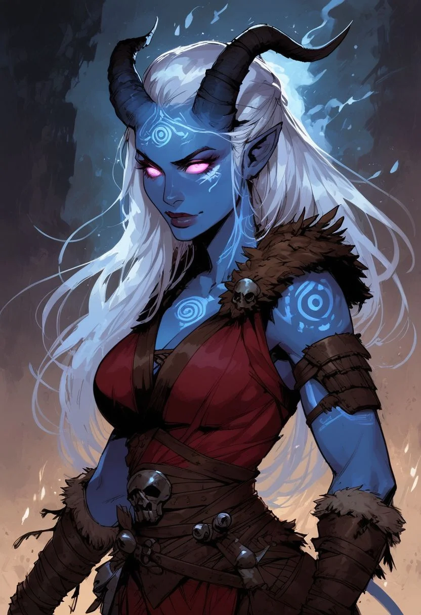 score_9, score_8_up, score_7_up, BREAK,
1girl, portrait, beautiful, tiefling shaman, white hair, (long hair:1.3), side bangs, horns, barbarian, gladiator, war paint, tribal markings, long tail, blue skin, pink eyes, glowing eyes, (smug:0.85), (big breast:1.25), dramatic lights
<lora:Fant5yP0ny:0.6> <lora:fantasy_world_pony:0.9> <lora:Cherry-Gig:0.55>