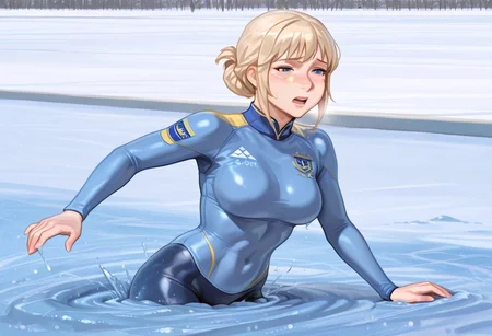score_9, score_8_up, score_7_up, 1girl, solo, attractive woman, cinematic, Swedish woman, figure skater, blue uniform, skintight uniform, athletic woman, hip-deep in slushy quicksand, blue quicksand, struggling, dynamic pose, ice rink background