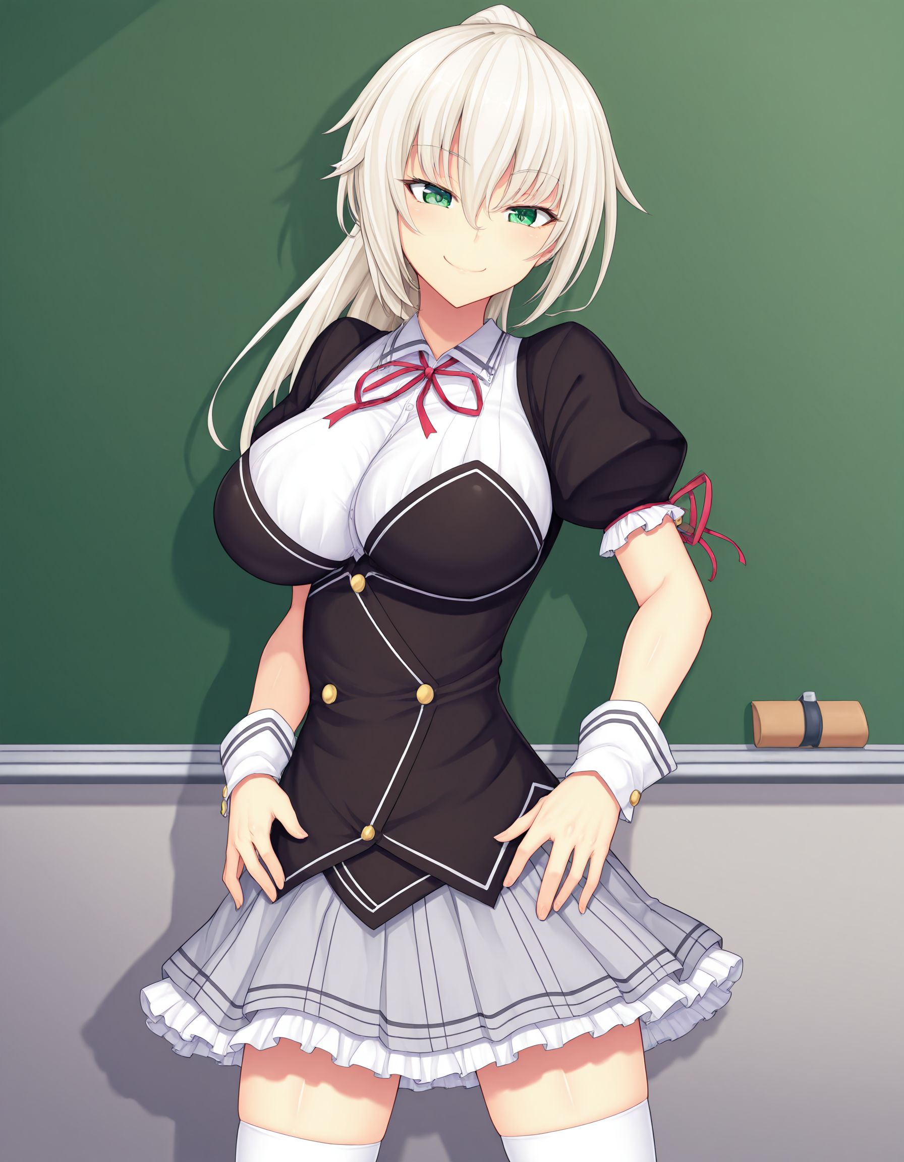masterpiece, best quality, amazing quality, ultra detailed, <lora:add-detail-xl:1>, good anatomy, good hand, high saturation
BREAK <lora:Yuri_Shachi_Nora_to_Oujo_to_Noraneko_Heart_HARUKAZE-illustrious:0.9> Yuuri Shachi, platinum hair, green eyes, large breasts, long hair, high ponytail,
BREAK outfit01, black sleeve, puffy sleeves, short sleeve, sleeve tie, wrist cuffs, 2 buttons on cuff, bustier, black bustier, white line trimmed bustier, 4 buttons, shirt, white shirt, collared shirt, loop tie, red loop tie, skirt, gray skirt, pleated skirt, white frill trimmed skirt, thighhighs, white thighhighs, zettai ryouiki,
BREAK 1girl, standing, spread legs shoulder-width apart, hands on waist, smile, in school, classroom,