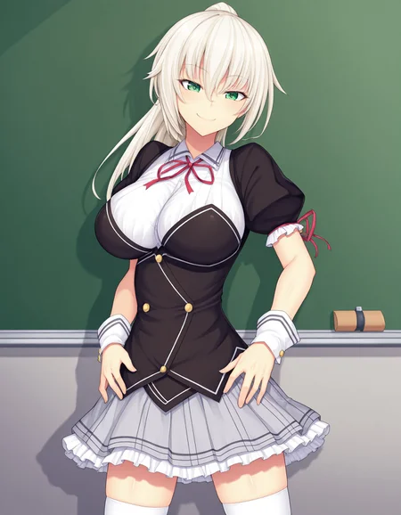 masterpiece, best quality, amazing quality, ultra detailed, <lora:add-detail-xl:1>, good anatomy, good hand, high saturation
BREAK <lora:Yuri_Shachi_Nora_to_Oujo_to_Noraneko_Heart_HARUKAZE-illustrious:0.9> Yuuri Shachi, platinum hair, green eyes, large breasts, long hair, high ponytail,
BREAK outfit01, black sleeve, puffy sleeves, short sleeve, sleeve tie, wrist cuffs, 2 buttons on cuff, bustier, black bustier, white line trimmed bustier, 4 buttons, shirt, white shirt, collared shirt, loop tie, red loop tie, skirt, gray skirt, pleated skirt, white frill trimmed skirt, thighhighs, white thighhighs, zettai ryouiki,
BREAK 1girl, standing, spread legs shoulder-width apart, hands on waist, smile, in school, classroom,