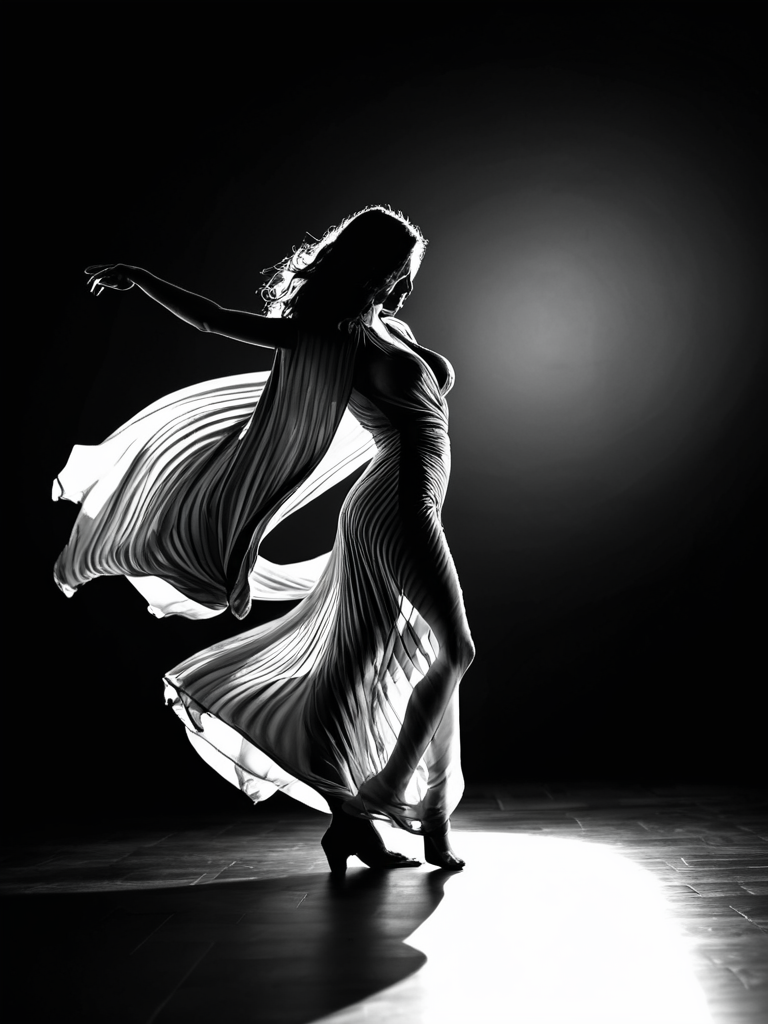 closeup,  (dynamic pose, dynamic angle, kinetic motion:1.3), motion blur, refraction, flowing fabric,b4ckl1t, back lighting, intense backlight, ghosting lens flare, abstract shadows, a lithe woman in an( oversize maxi dress:1.3) is dancing, completely covered with an flowing fabric sheet,  wind,  (long legs, large breasts:1.3), ass, radial gradient background,  legs spread, back arched, arms behind, (hourglass silhouette:0.2, monochrome <lora:Backlit_Clothes_XL:1.1>