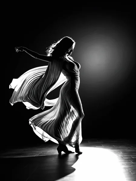 closeup,  (dynamic pose, dynamic angle, kinetic motion:1.3), motion blur, refraction, flowing fabric,b4ckl1t, back lighting, intense backlight, ghosting lens flare, abstract shadows, a lithe woman in an( oversize maxi dress:1.3) is dancing, completely covered with an flowing fabric sheet,  wind,  (long legs, large breasts:1.3), ass, radial gradient background,  legs spread, back arched, arms behind, (hourglass silhouette:0.2, monochrome <lora:Backlit_Clothes_XL:1.1>