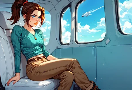 score_9, score_8_up, score_7_up,score_6_up, 
1girl, solo, ((inside airplane)), sitting in airplane, sky, clouds, 
ktprd, high ponytail, blue eyes, bumpy nose, orange lips, turquoise midriff sweater, long sleeves, brown cargo pants, shoes,
<lora:PerfectEyesXL:0.8>,