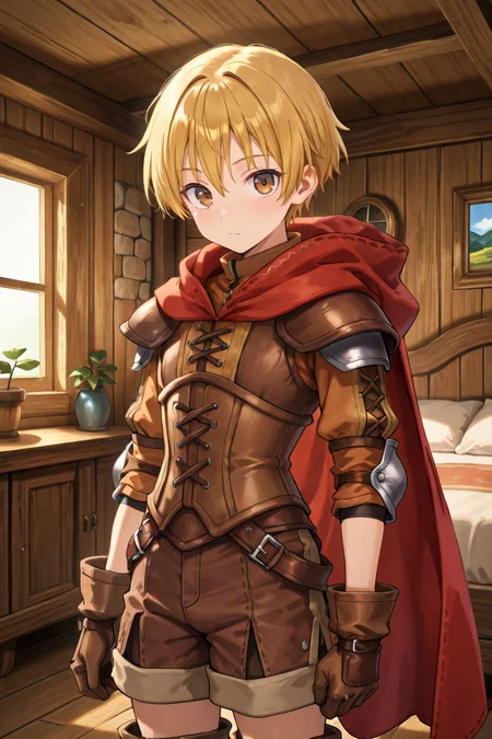 <lora:Canaan:0.8> , CaDef, solo, 1boy, brown eyes, short hair, blonde hair, red hood, hood down, shoulder pads, elbow pads, armor, corset, brown shorts, shorts, brown gloves, gloves, brown boots, boots, cowboy shot, interior, bedroom, cabin, looking at viewer, solo, masterpiece, very aesthetic, absurdres, best quality, amazing quality, high resolution, detailed background, <lora:illustrious_quality_modifiers_masterpieces_v1:0.8> , <lora:ChamIllustriousBackgroundEnhancer:0.5>
