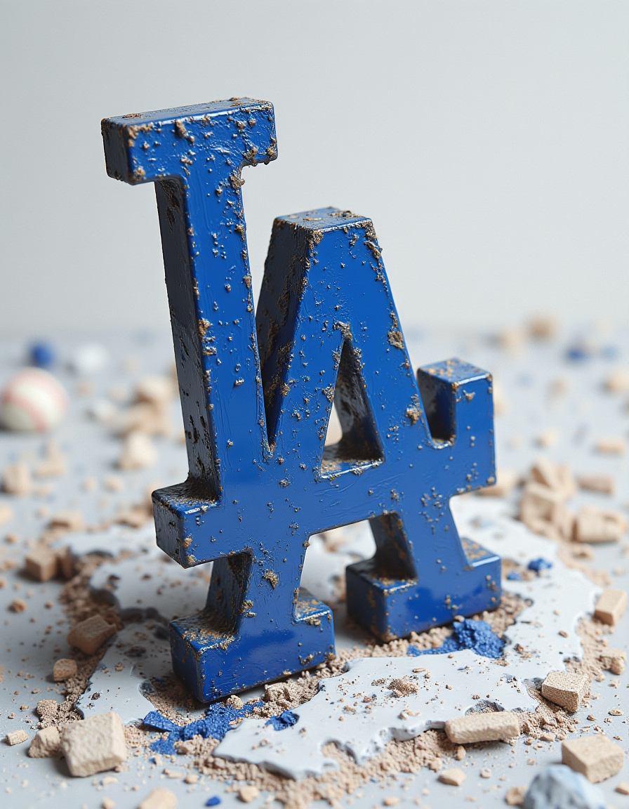 A photorealistic image of the L.A. Dodgers logo. gl1tchc0re<lora:Promptcore Flux\Glitchcore.safetensors:0.3:1.0>