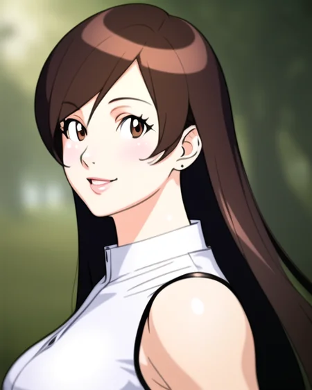 masterpiece, best quality, 1girl, solo, devmgf-8500, ((chun-li)), (((portrait))), cartoon, brown eyes, brown hair, perfect face, upper body, long hair, ((broad shoulders)), tight, abs, seductive smile, soft lighting, giantess, tall female, straight hair, crop top, sleeveless shirt, white shirt, sketch, ((realistic)), street fighter,