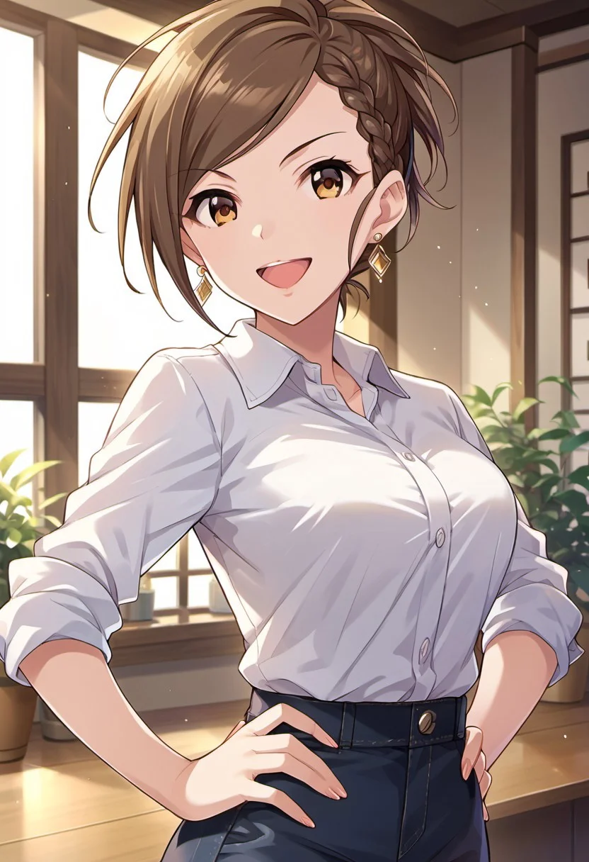 score_9, score_8_up, score_7_up, source_anime,hyoudou rena, brown hair, brown eyes, 1girl, solo, jewelry, braid, earrings, smile, open mouth, looking at viewer, hand on hip, sleeves rolled up, short hair