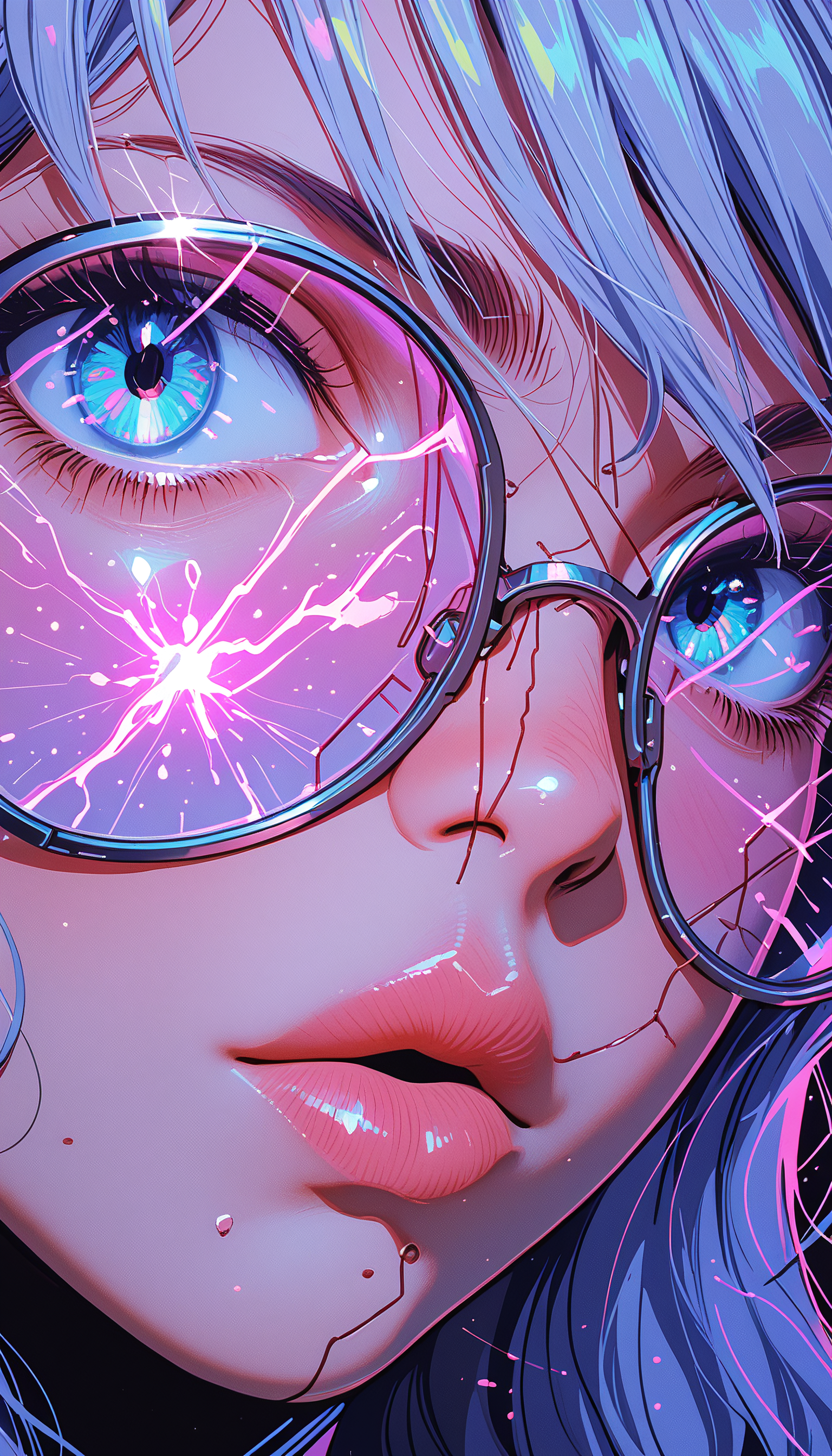 masterpiece, Shinkaistyle,
pinkretroanime, retro art,
Cyberpunk Style, cyberpunk, science fiction, hi tech, future tech, neon, (Cybernetics:1.25), (Neon Cityscape:1.4), (lineless:1.5), smooth edges, (lighten the face:1.5), tall body, slender body, fit body, long legs, The image presents a striking split composition. On the left side, there's a close-up of a person wearing glasses and featuring vibrant blue eyes that stand out against the soft, pastel background. The individual is captured in profile, with their face partially obscured by the lens of the glasses they are wearing. Their hair appears to be styled in a short, spiky style, adding an edgy touch to the overall composition. Transitioning to the right side, the image shifts to a full body portrait of the same individual. The character is now seen from a frontal perspective, providing a complete view of their attire and accessories. They are donned in a pinkish-purple coat with white accents, and the outfit is complemented by a pair of glasses that seem to have a blue tint matching their eyes. The backdrop for this scene is a dark, almost black space that contrasts sharply with the bright, colorful attire of the character. It features a holographic or glowing effect around the person's face on the left side, adding an element of intrigue and otherworldliness to the image. The overall lighting in both sections appears to be artificial or ambient, casting soft shadows and highlights that enhance the depth and dimension of the character., 1girl, solo, looking at viewer, short hair, bangs, blue eyes, simple background, 1boy, white background, hair between eyes, closed mouth, blue hair, white hair, male focus, parted lips, glasses, sketch, lips, eyelashes, sparkle, glowing, expressionless, sunglasses, portrait, close-up, androgynous, reflection, colored eyelashes, pink lips, nose, round eyewear, tinted eyewear, grey-framed eyewear, eye focus, white-framed eyewear, blue-tinted eyewear, pink-tinted eyewear, purple-tinted eyewear