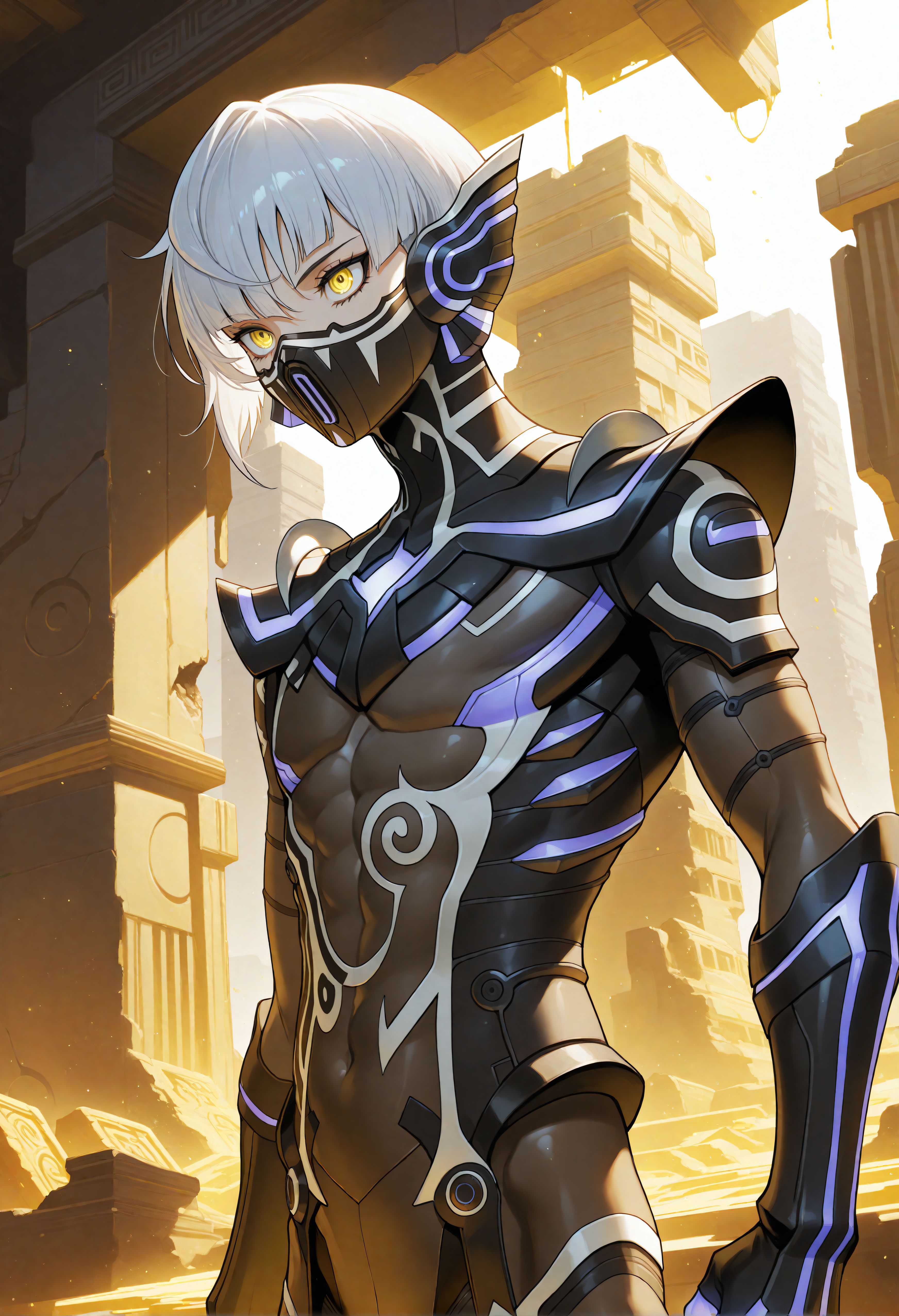 masterpiece, best quality, amazing quality, very aesthetic, <lora:noobai_vpred_1_aqm_complete_v3:1>, high resolution, 1boy, androgynous, solo, <lora:NahobinoSMTV_NoobVpred10_v1:0.9>, tsukubiNoob, yellow eyes, armor, bodysuit, white hair, short hair, mask, yellow ruins, gold