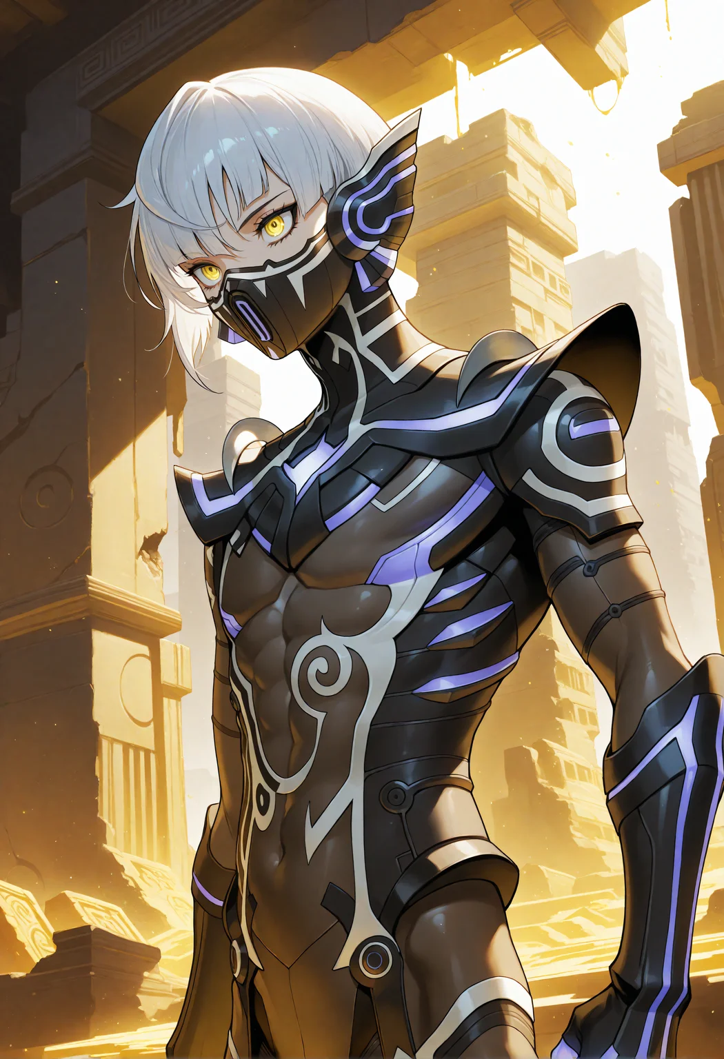 masterpiece, best quality, amazing quality, very aesthetic, <lora:noobai_vpred_1_aqm_complete_v3:1>, high resolution, 1boy, androgynous, solo, <lora:NahobinoSMTV_NoobVpred10_v1:0.9>, tsukubiNoob, yellow eyes, armor, bodysuit, white hair, short hair, mask, yellow ruins, gold