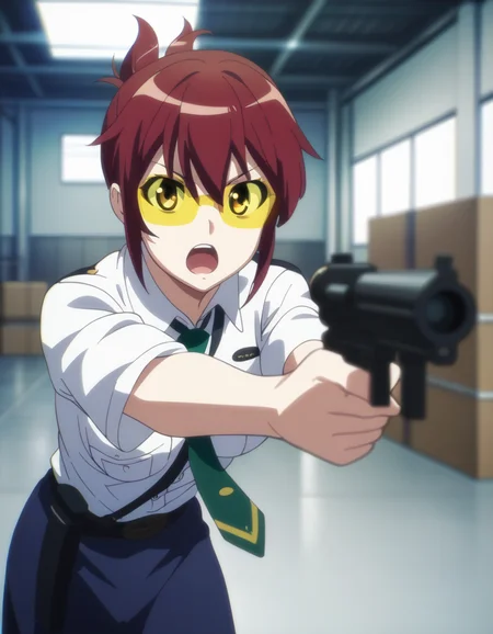 score_9, score_8_up, score_7_up, <lora:sakurai-aoi-ponyxl:0.9> 1girl, sakuraiaoi, solo, dress shirt, blue skirt, green neckwear, safety glasses,
aiming at viewer, open mouth, warehouse, dim lighting
