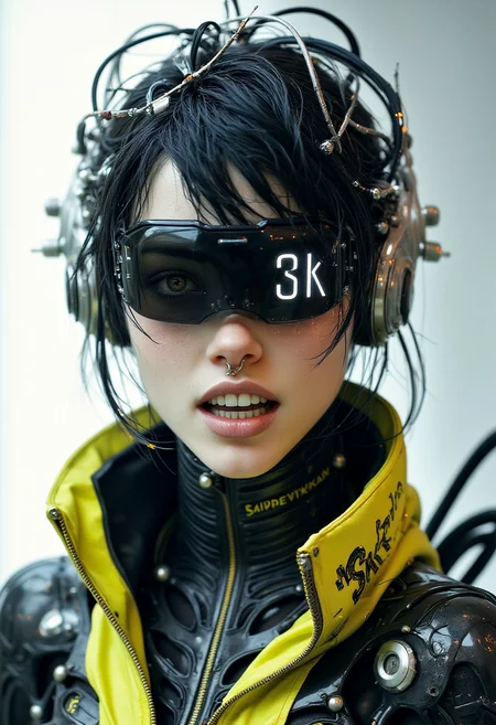 Cyberpunk realistic professional photo in recypu style.
A futuristic young woman with pale skin and black hair styled in a messy, slightly disheveled manner. Her eyes are obscured by a sleek, reflective black visor with the letters "SK" prominently displayed on the front. The visor is connected to her head via intricate, metallic, and mechanical attachments that resemble cybernetic enhancements.
She is wearing a high-tech, black, and neon-yellow futuristic suit adorned with various mechanical components and LED lights, indicating advanced technology. The suit has a high collar and a zipper running down the front, with the word "Sakdevikakan" written in a bold, futuristic font on the collar. Her mouth is wide open, showcasing a row of white teeth, some of which are adorned with small metal piercings. She has a small, silver stud in her nose.
The background is a gradient of white and light gray, providing a stark contrast to the subject, making her features and accessories stand out prominently. The overall composition emphasizes a blend of human and machine, capturing a sense of high-tech futurism and cybernetic enhancement.