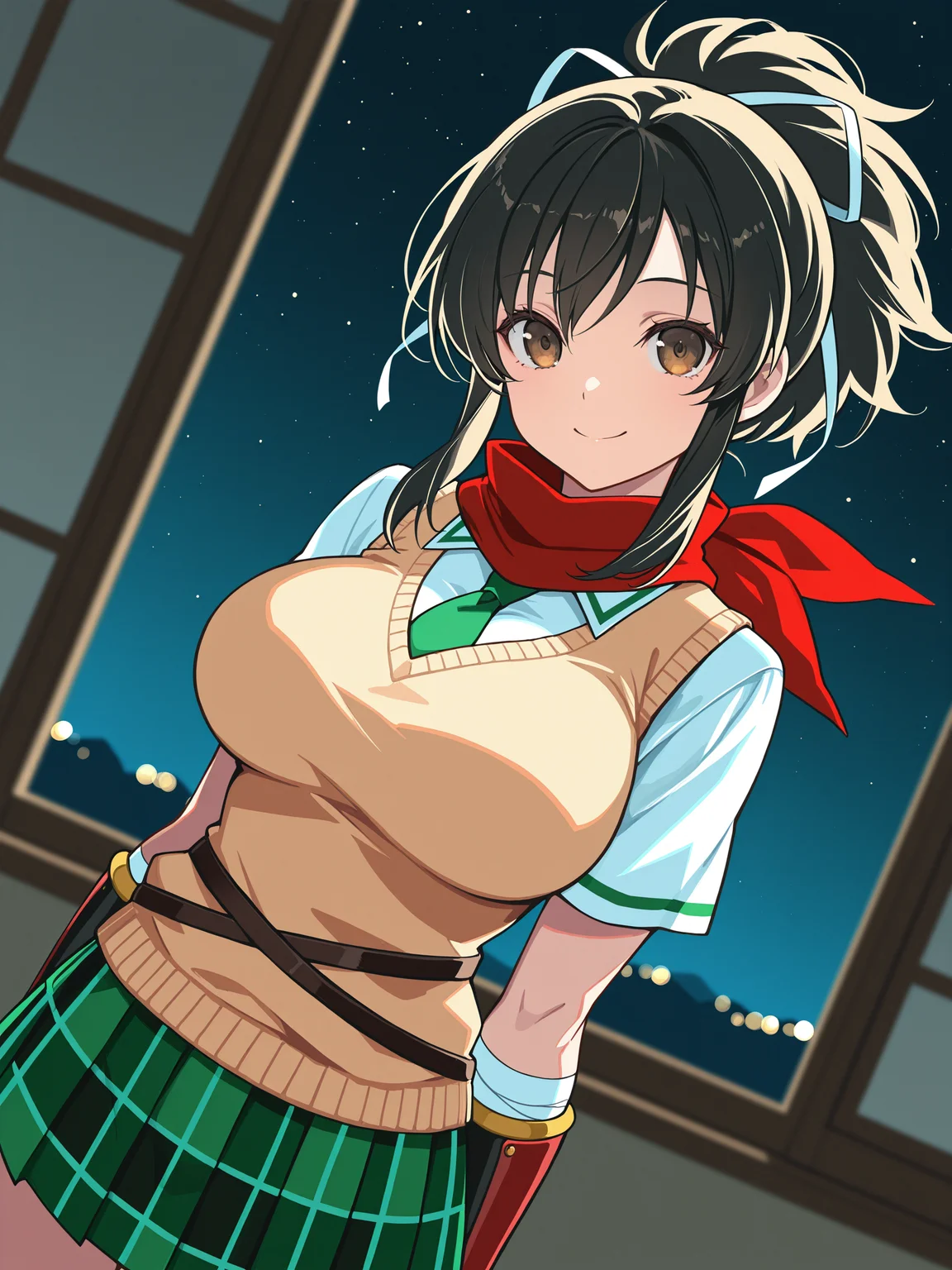 masterpiece, best quality, amazing quality, artist:[yoneyama mai|lack|fuzichoco|lam \(ramdayo\)|kinta \(distortion\)|nixeu|happoubi jin]
(solo:1.4), Asuka_IL, brown eyes, black hair, ponytail, white hair ribbon, large breasts, red scarf, asuka_shinobi_outfit, beige sweater vest, green necktie under sweater, white shirt with short sleeves, green stripe piping, brown crossed straps, forearm guards, bandages under forearm guards, green plaid skirt
depth of field, blue glow, indoors, window shade, dark, night sky, backlighting, smile, dutch angle, newest, absurdres, highres, very awa
<lora:SK_Asuka_IL:0.8>