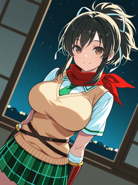 masterpiece, best quality, amazing quality, artist:[yoneyama mai|lack|fuzichoco|lam \(ramdayo\)|kinta \(distortion\)|nixeu|happoubi jin]
(solo:1.4), Asuka_IL, brown eyes, black hair, ponytail, white hair ribbon, large breasts, red scarf, asuka_shinobi_outfit, beige sweater vest, green necktie under sweater, white shirt with short sleeves, green stripe piping, brown crossed straps, forearm guards, bandages under forearm guards, green plaid skirt
depth of field, blue glow, indoors, window shade, dark, night sky, backlighting, smile, dutch angle, newest, absurdres, highres, very awa
<lora:SK_Asuka_IL:0.8>