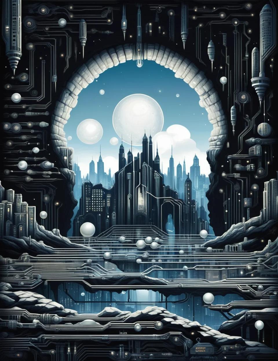 DonMC1rcu17Pl4nXL, dystopian cityscape cave pearl, <lora:DonMC1rcu17Pl4nXL:0.8>