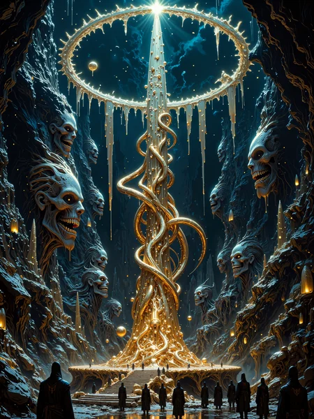 famous artwork, award-winning hyper-realistic digital illustration, highly aesthetic, gorgeous, stunning, beautiful, high resolution, uhd, 8k, 4k, dramatic, epic, meticulous, accurate, at night, dim lighting, golden ratio, dynamic, perfect symmetry, that is not dead which can eternally lie, and with strange aeons even death may die, tentacles feed off my dreams, and come dry up all life streams, when the stars align, the great old ones will rise, the passing of time in their eyes, crushing in pain, the men resisting in vain, spire of eternal night, endless chasm, reversed gravity, floating objects, levitating objects, mind-warping horror, cryptic monolith, ritual circle, vision of dread, eldritch magic, color contrast, lovecraftian, cthulhu mythos, ovg, in the style of ck-ovf,  <lora:epic_gorgeous_details-balance-flux-by_flyway:0.88> <lora:style-oneviolentfantasy-ep21-flux-by_chronoknight:0.72>