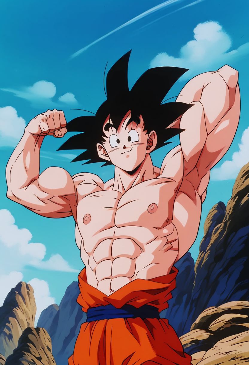 ASCII score_6_up, score_8, score_7_up, 1man, Goku,  male focus, pectorals, nipples, flexing. sky background, official art, official style, perfect composition, 4k,