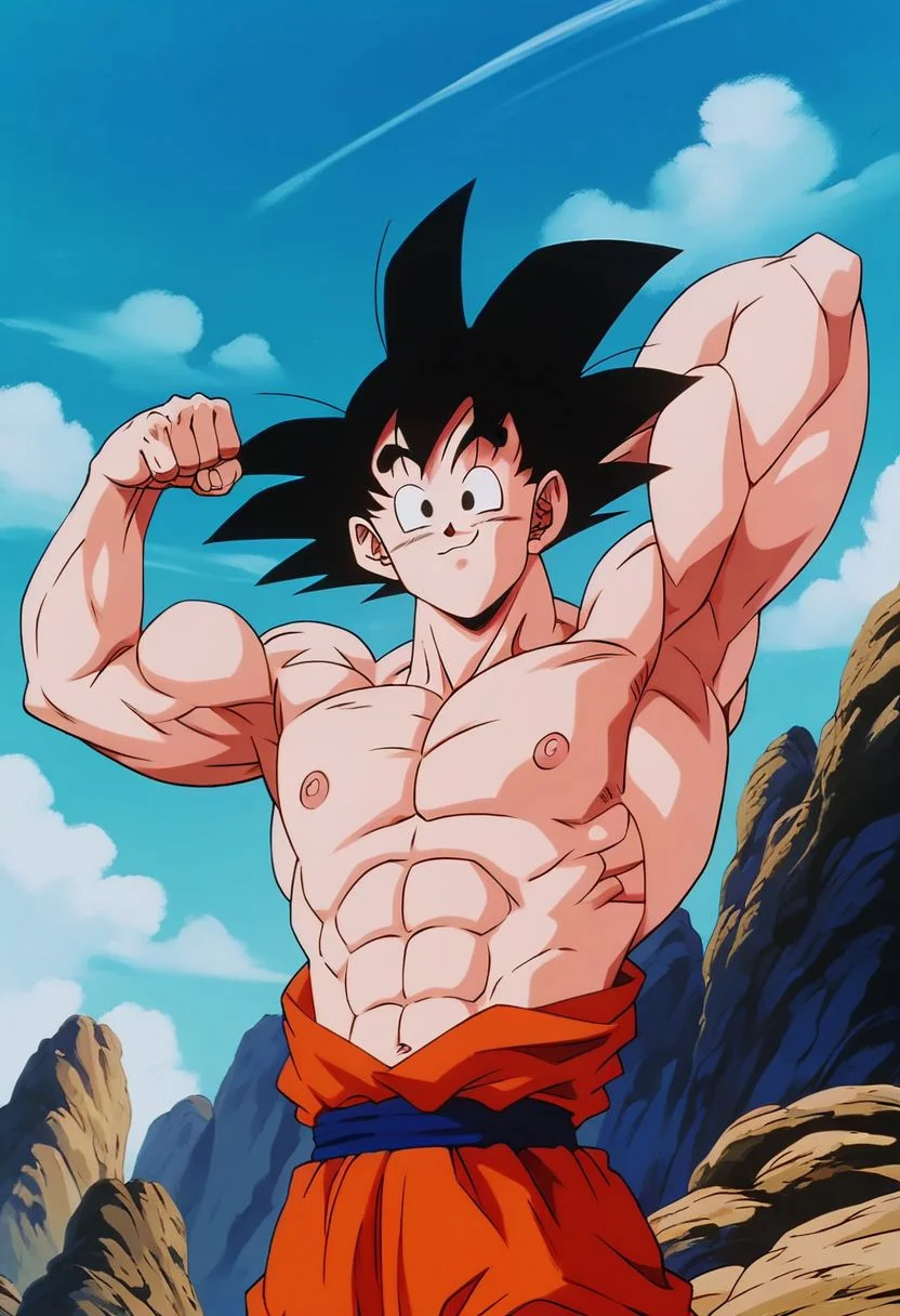 ASCII score_6_up, score_8, score_7_up, 1man, Goku, male focus, pectorals, nipples, flexing. sky background, official art, official style, perfect composition, 4k,