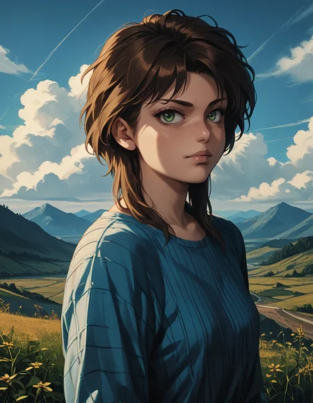 landscape, score_9, score_8_up, score_7_up, score_6_up, score_5_up BREAK ot0m, 1girl, green eyes, brown sidelocks hair, looking at viewer, <lora:OtaKingMondayAshlinPDXL32v1.5tx1-000015:0.9>, golden and blue fractal, thousands of ribbons, spirals, dreamlike, muted colors, dramatic light, hyperrealistic detailed, intricate, photography, soft light, rim light