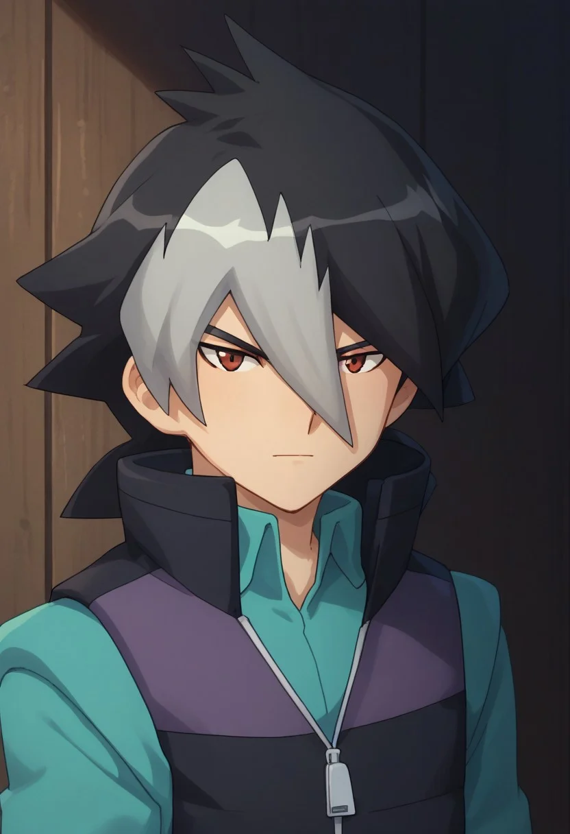 score_9, score_8_up, score_7_up, source_anime, highly detailed,
kaidou, 1boy, male focus, solo, red eyes, multicolored hair, two-tone hair, black hair, grey hair, bangs, hair between eyes, hair over one eye, shirt, blue shirt, vest, popped collar, zipper, upper body,
outdoor,