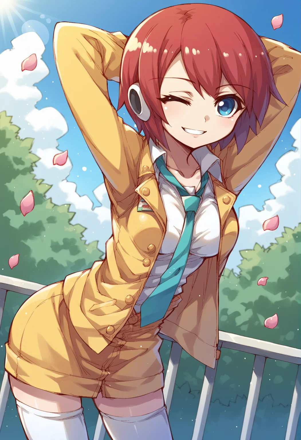 1girl, robot girl, humanoid robot, robot joints, aqua necktie, arm behind head, arms up, blue background, blue eyes, blue sky, blurry, breasts, bush, cloud, collarbone, cowboy shot, day, depth of field, dutch angle, falling petals, glint, hair intakes, half-closed eye, happy, jacket, leaning forward, lens flare, long sleeves, looking at viewer, medium breasts, one eye closed, open clothes, open jacket, outdoors, parted lips, petals, railing, red hair, short hair, sidelocks, sky, smile, solo, standing, stretching, teeth, thighhighs, thighs, undone necktie, white thighhighs, yellow jacket, zettai ryouiki, blurry  <lora:nakayama_tooru_XL:1>, score_9, score_8_up, score_7_up, score_6_up, score_5_up, score_4_up, BREAK source_anime, masterpiece