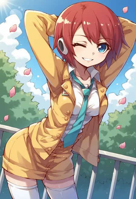 1girl, robot girl, humanoid robot, robot joints, aqua necktie, arm behind head, arms up, blue background, blue eyes, blue sky, blurry, breasts, bush, cloud, collarbone, cowboy shot, day, depth of field, dutch angle, falling petals, glint, hair intakes, half-closed eye, happy, jacket, leaning forward, lens flare, long sleeves, looking at viewer, medium breasts, one eye closed, open clothes, open jacket, outdoors, parted lips, petals, railing, red hair, short hair, sidelocks, sky, smile, solo, standing, stretching, teeth, thighhighs, thighs, undone necktie, white thighhighs, yellow jacket, zettai ryouiki, blurry <lora:nakayama_tooru_XL:1>, score_9, score_8_up, score_7_up, score_6_up, score_5_up, score_4_up, BREAK source_anime, masterpiece